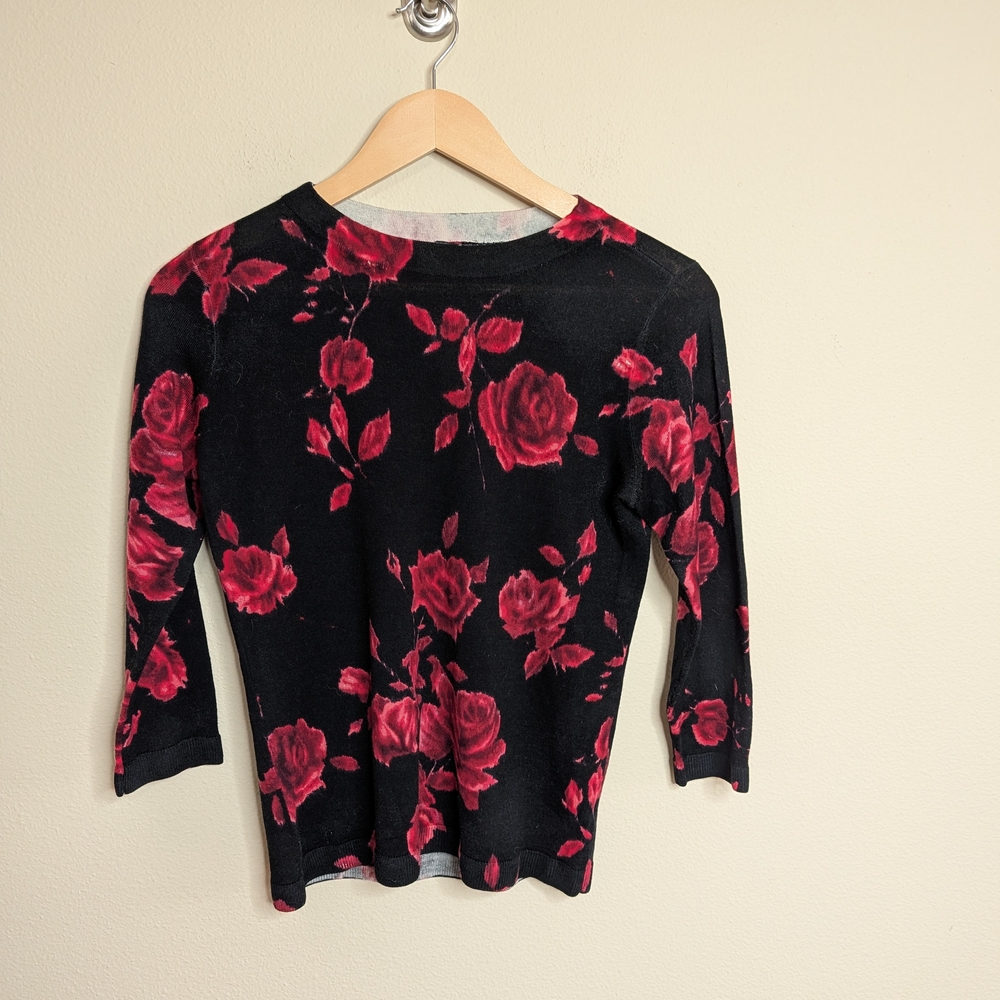 Talbots Petite‎ 100% Merino Wool Sweater Black Red Floral Knit Top Size P